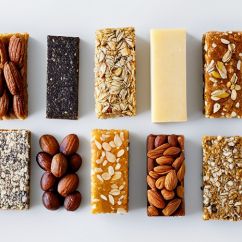 Home 4 A professional studio shot showcasing a collection of diverse organic energy bars. Each bar highlights its wholesome, natural ingredients such as rolled oats, dried dates, mixed nuts, and various seeds (chia, flax). The bars exhibit a range of textures from dense and chewy to crunchy, with no artificial colors or additives visible. Loose, raw ingredients are artfully arranged around the bars on a clean, light wooden surface, creating a fresh and inviting aesthetic. Soft, natural light illuminates the scene, emphasizing purity and high quality. High-resolution, professional food photography, vibrant colors, sharp focus, natural presentation, perfect anatomy, correct proportions, natural pose. safe for work, appropriate content, fully clothed, professional, family-friendly.