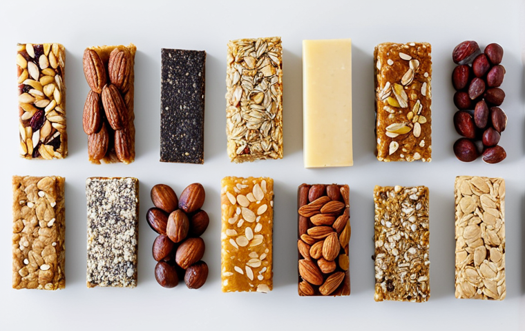 A professional studio shot showcasing a collection of diverse organic energy bars. Each bar highlights its wholesome, natural ingredients such as rolled oats, dried dates, mixed nuts, and various seeds (chia, flax). The bars exhibit a range of textures from dense and chewy to crunchy, with no artificial colors or additives visible. Loose, raw ingredients are artfully arranged around the bars on a clean, light wooden surface, creating a fresh and inviting aesthetic. Soft, natural light illuminates the scene, emphasizing purity and high quality. High-resolution, professional food photography, vibrant colors, sharp focus, natural presentation, perfect anatomy, correct proportions, natural pose. safe for work, appropriate content, fully clothed, professional, family-friendly.